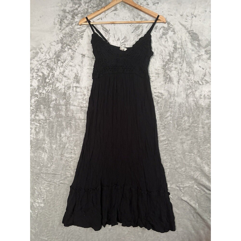 Indulge Black Crochet Bodice Tiered Maxi Dress S — Boho Cottagecore Knit Summer